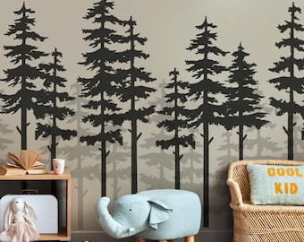 PINE FOREST Wall Mural Stencil Set, Large Woodland Pine Trees Silhouettes, Nursery Kids Room Decor,  Outdoorsy Theme for any room/wall space