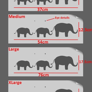 May include: Four different sizes of elephant stencils, labeled "Small", "Medium", "Large", and "XLarge". Each stencil shows three elephants walking in a line, with the largest elephant in the back. The stencils are measured in inches, with the height of each stencil listed next to it. The text "Eye details" is written next to the medium-sized stencil.