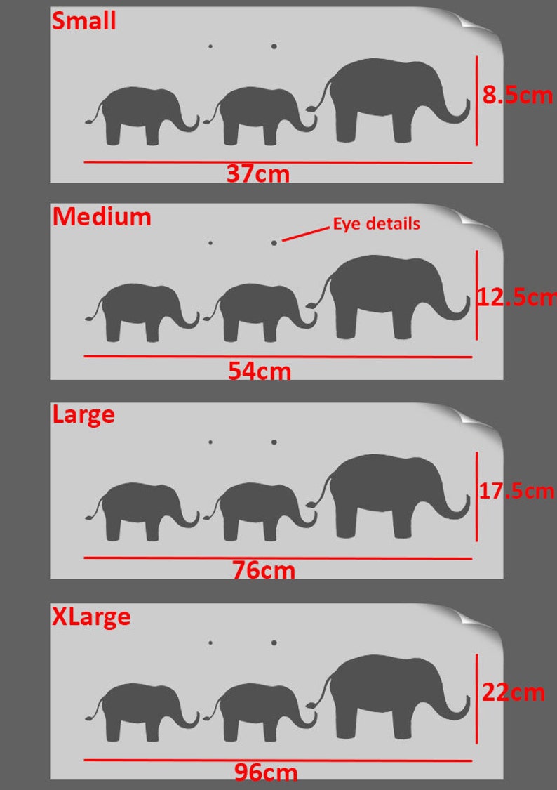 May include: Four different sizes of elephant stencils, labeled "Small", "Medium", "Large", and "XLarge". Each stencil shows three elephants walking in a line, with the largest elephant in the back. The stencils are measured in inches, with the height of each stencil listed next to it. The text "Eye details" is written next to the medium-sized stencil.
