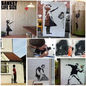 Puede incluir: Un collage de im&aacute;genes que muestran el proceso de creaci&oacute;n de una plantilla y luego su uso para crear un mural de arte callejero. Las im&aacute;genes muestran una plantilla de una ni&ntilde;a soltando un globo rojo, una persona usando una plantilla para pintar un mural de una ni&ntilde;a soltando un globo rojo, una plantilla de una mujer barriendo, una persona usando una plantilla para pintar un mural de una mujer barriendo, y una plantilla de una persona lanzando un ramo de flores, una persona usando una plantilla para pintar un mural de una persona lanzando un ramo de flores.