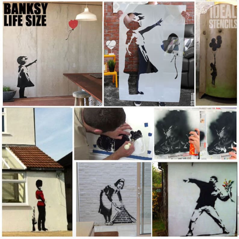 Puede incluir: Un collage de im&aacute;genes que muestran el proceso de creaci&oacute;n de una plantilla y luego su uso para crear un mural de arte callejero. Las im&aacute;genes muestran una plantilla de una ni&ntilde;a soltando un globo rojo, una persona usando una plantilla para pintar un mural de una ni&ntilde;a soltando un globo rojo, una plantilla de una mujer barriendo, una persona usando una plantilla para pintar un mural de una mujer barriendo, y una plantilla de una persona lanzando un ramo de flores, una persona usando una plantilla para pintar un mural de una persona lanzando un ramo de flores.