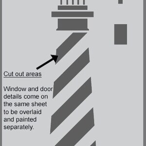 May include: A black and white stencil of a lighthouse with a striped tower. The stencil is designed to be cut out and used for painting or crafting projects. The text "Cut out areas" is included in the image.