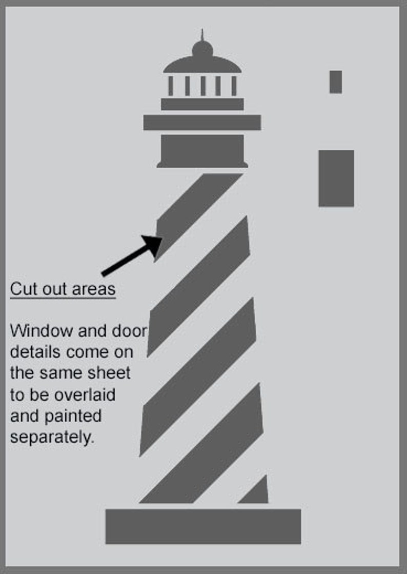 May include: A black and white stencil of a lighthouse with a striped tower. The stencil is designed to be cut out and used for painting or crafting projects. The text "Cut out areas" is included in the image.