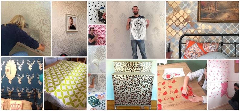May include: A collage of images showcasing various stencil designs and applications. The images depict stencils being used on walls, furniture, and fabric. The stencils feature a variety of patterns, including geometric shapes, animal prints, and floral designs.
