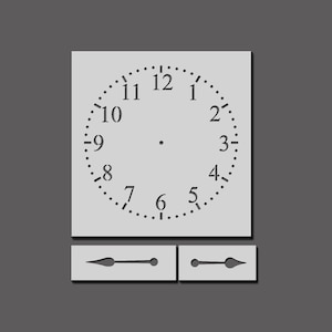 Peut inclure: Un pochoir de cadran d'horloge blanc avec des chiffres noirs de 1 à 12 et deux pochoirs pour les aiguilles d'horloge.