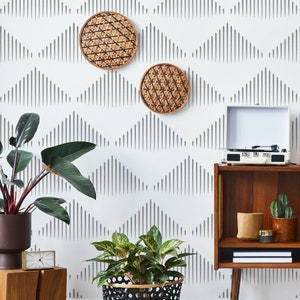 May include: A white wall with a gray geometric pattern wallpaper. Two woven wicker wall decor pieces are hanging on the wall. A wooden shelf with a record player, books, and potted plants is on the right side of the image. Two potted plants are on the left side of the image.