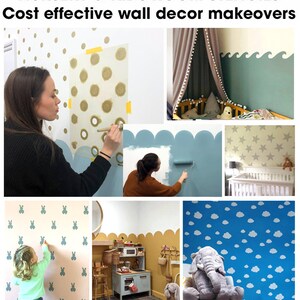 May include: A collage of images showcasing different wall stencils for kids' rooms. The stencils feature various designs, including polka dots, clouds, stars, bunnies, and waves. The images show the stencils being used to create unique and colorful wall decor.