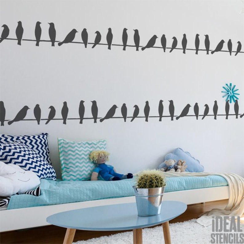 Birds stencil, Birds on wire Nursery Home Decor Stencil, Paint Decorate, Walls, Fabrics, Furniture, Reusable Mylar iDEAL STENCILS image 1