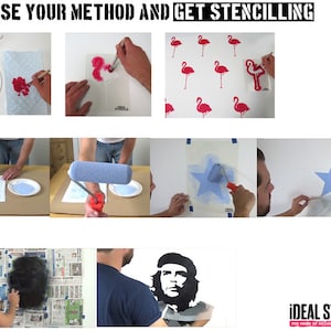 May include: A collage of images showing different methods for using stencils. The first image shows a person applying red paint to a stencil with a brush. The second image shows a person using a roller to apply blue paint to a stencil. The third image shows a person using a spray can to apply black paint to a stencil. The text on the image reads "CHOOSE YOUR METHOD AND GET STENCILLING" and "IDEAL STENCILS THE HOME OF DECOR & CRAFT STENCILS".