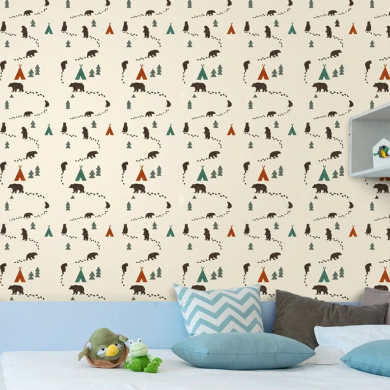 Woodland Bear Tepee Stencil Nursery Wall Decor Stencil Etsy UK