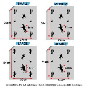 May include: Four different sizes of a western-themed wall decal featuring a cowboy riding a horse and cacti. The sizes are small (25cm x 17cm), medium (37cm x 25cm), large (54cm x 37cm), and x-large (74cm x 50cm).