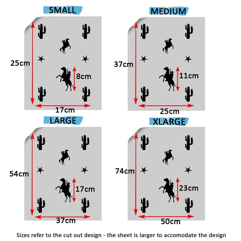 May include: Four different sizes of a western-themed wall decal featuring a cowboy riding a horse and cacti. The sizes are small (25cm x 17cm), medium (37cm x 25cm), large (54cm x 37cm), and x-large (74cm x 50cm).