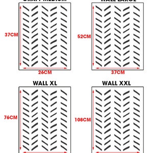 May include: Four different sizes of chevron pattern stencils. The stencils are labeled "Craft Medium", "Wall Large", "Wall XL", and "Wall XXL". The stencils are 37cm x 26cm, 52cm x 37cm, 76cm x 54cm, and 108cm x 77cm.