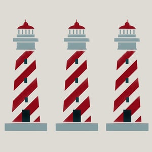 May include: Three red and white striped lighthouses with gray roofs and bases.