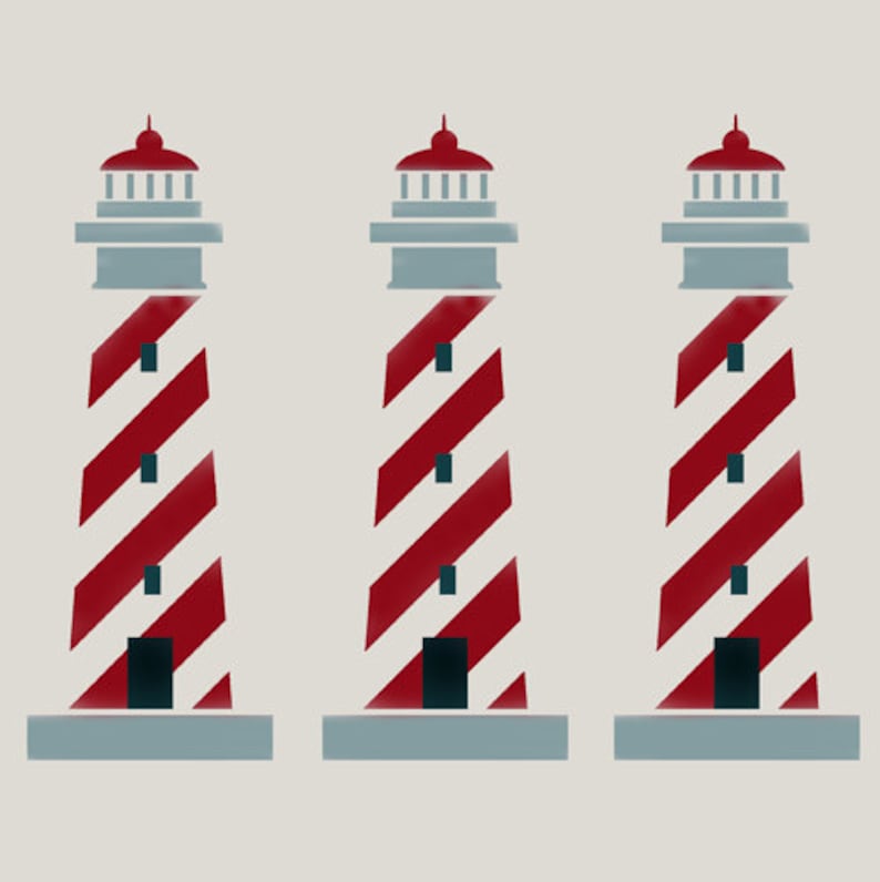 May include: Three red and white striped lighthouses with gray roofs and bases.