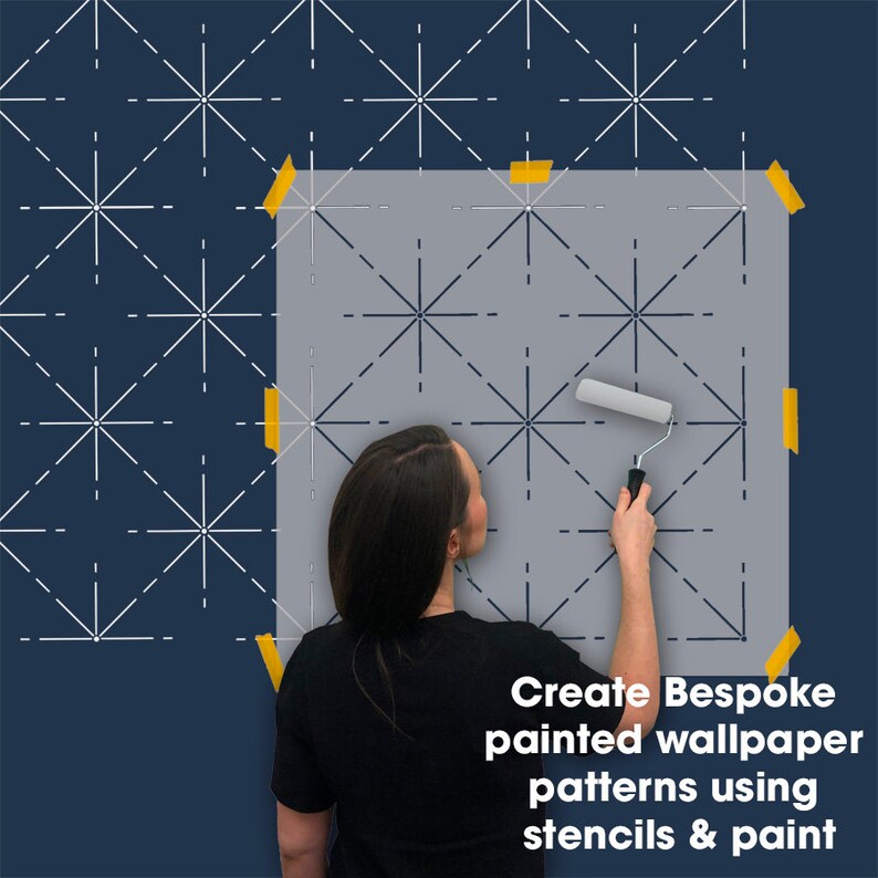 May include: A woman uses a paint roller to apply paint through a stencil, creating a geometric pattern on a wall. The stencil is taped to the wall. Text reads: Create Bespoke painted wallpaper patterns using stencils & paint.