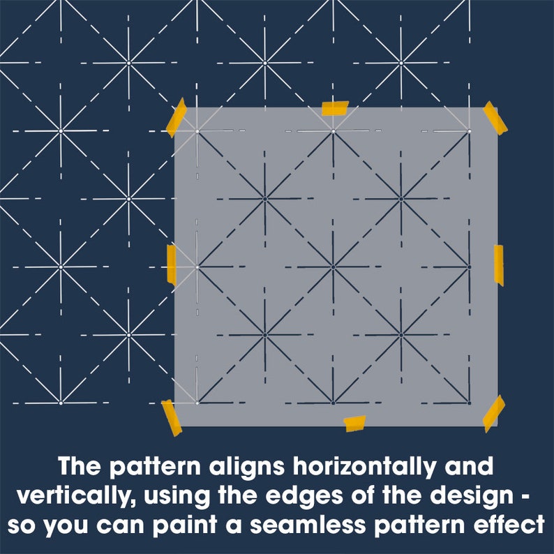 May include: A design template with a repeating starburst pattern. The design is partially taped to a dark blue background. The text at the bottom reads: "The pattern aligns horizontally and vertically, using the edges of the design - so you can paint a seamless pattern effect."