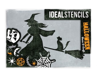 Witch on Broomstick Stencil, Halloween Holiday Decor Stencil, Paint window displays, Signs, Halloween Crafts, Reusable - Ideal Stencils