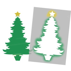 Puede incluir: Una silueta de árbol de Navidad verde con una estrella amarilla en la parte superior, y una plantilla de árbol de Navidad blanca sobre un fondo gris.