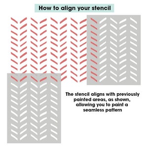 May include: How to align your stencil.  The stencil aligns with previously painted areas, as shown, allowing you to paint a seamless pattern.