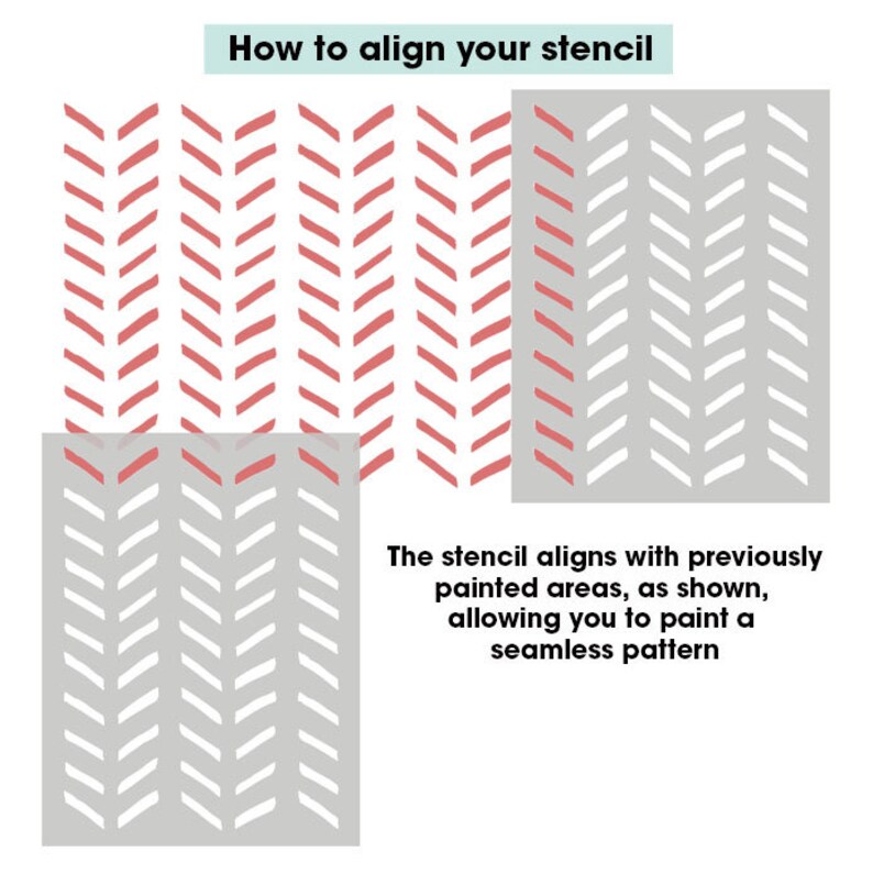 May include: How to align your stencil.  The stencil aligns with previously painted areas, as shown, allowing you to paint a seamless pattern.