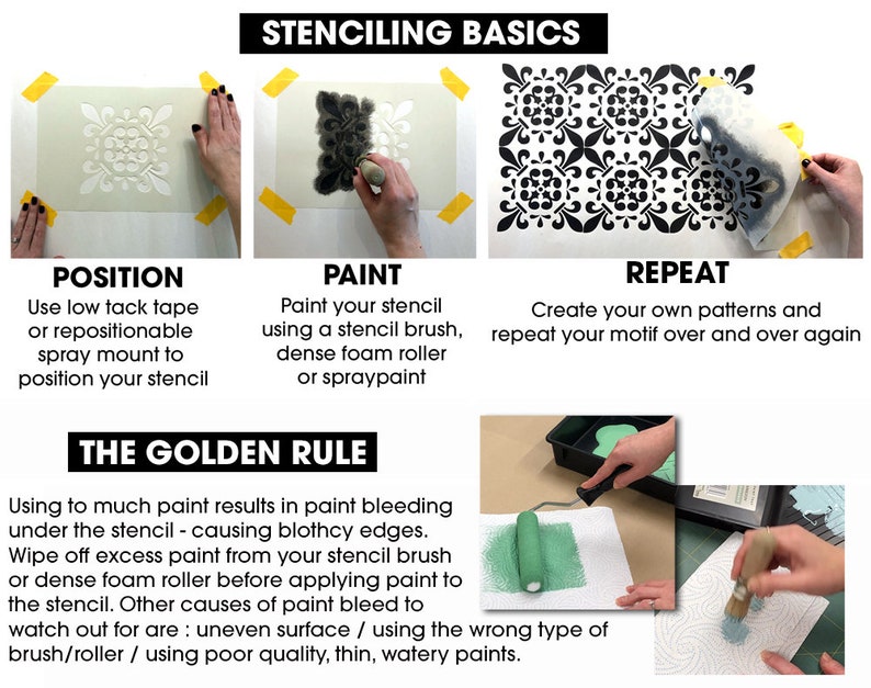 May include: Stencilling basics infographic with three steps: position, paint, and repeat. The infographic shows how to use low tack tape, a stencil brush, a foam roller, and spray paint to create a pattern. The golden rule of stencilling is to avoid using too much paint, which can cause bleeding under the stencil.