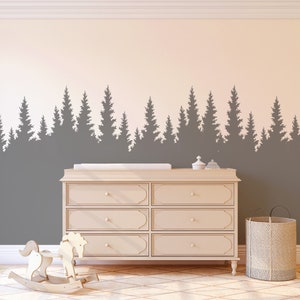 May include: A nursery room with a gray and white wall featuring a silhouette of a forest tree line. A white changing table with six drawers is in the center of the room. A rocking horse is on the left side of the changing table. A woven basket is on the right side of the changing table.