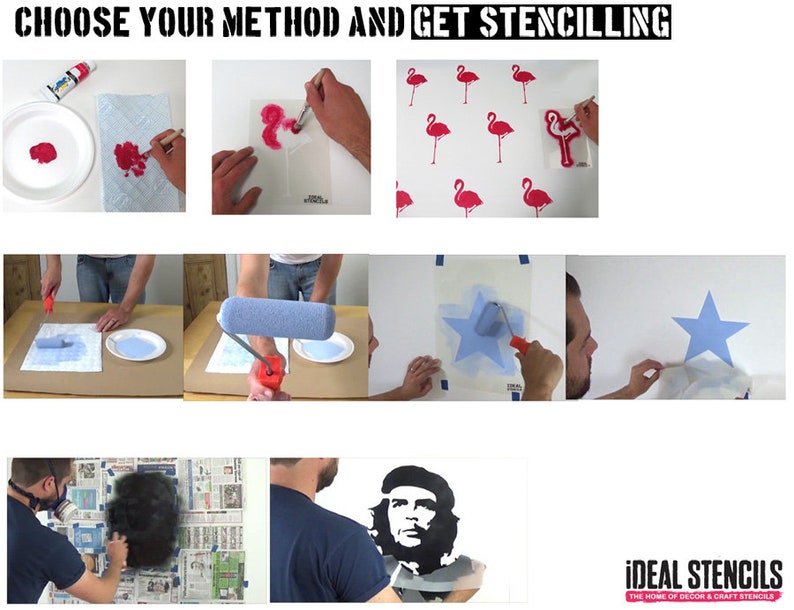 May include: A collage of images showing different methods for using stencils. The first image shows a person applying red paint to a stencil with a brush. The second image shows a person using a roller to apply blue paint to a stencil. The third image shows a person using a spray can to apply black paint to a stencil. The text on the image reads "CHOOSE YOUR METHOD AND GET STENCILLING" and "IDEAL STENCILS THE HOME OF DECOR & CRAFT STENCILS".