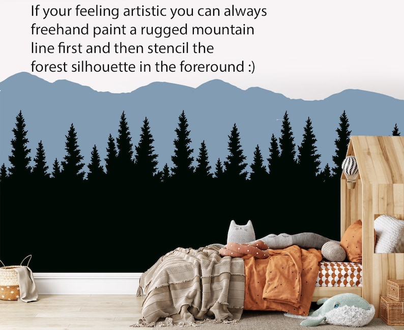 May include: A black silhouette of a forest against a blue mountain range. The image is a wall decal for a child's bedroom.