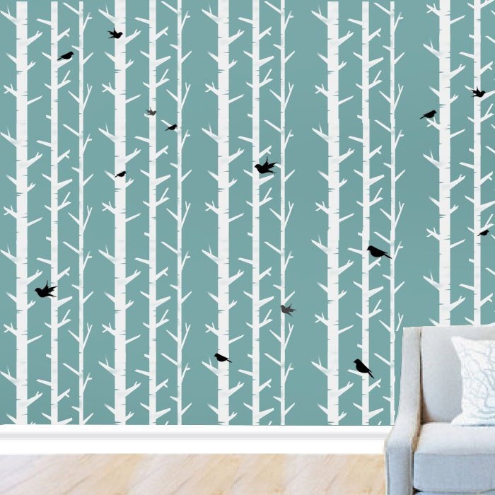Birch Tree Forest Stencil with Birds, Nursery Wall Decor Stencil, Painting Stencil for Walls, Fabrics & Furniture, Reusable Mylar