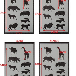 May include: Four different sizes of animal stencils, including a giraffe, rhino, hippopotamus, lion, and crocodile. The stencils are shown in black on a gray background. The sizes are labeled as small, medium, large, and extra large. The measurements are in centimeters.