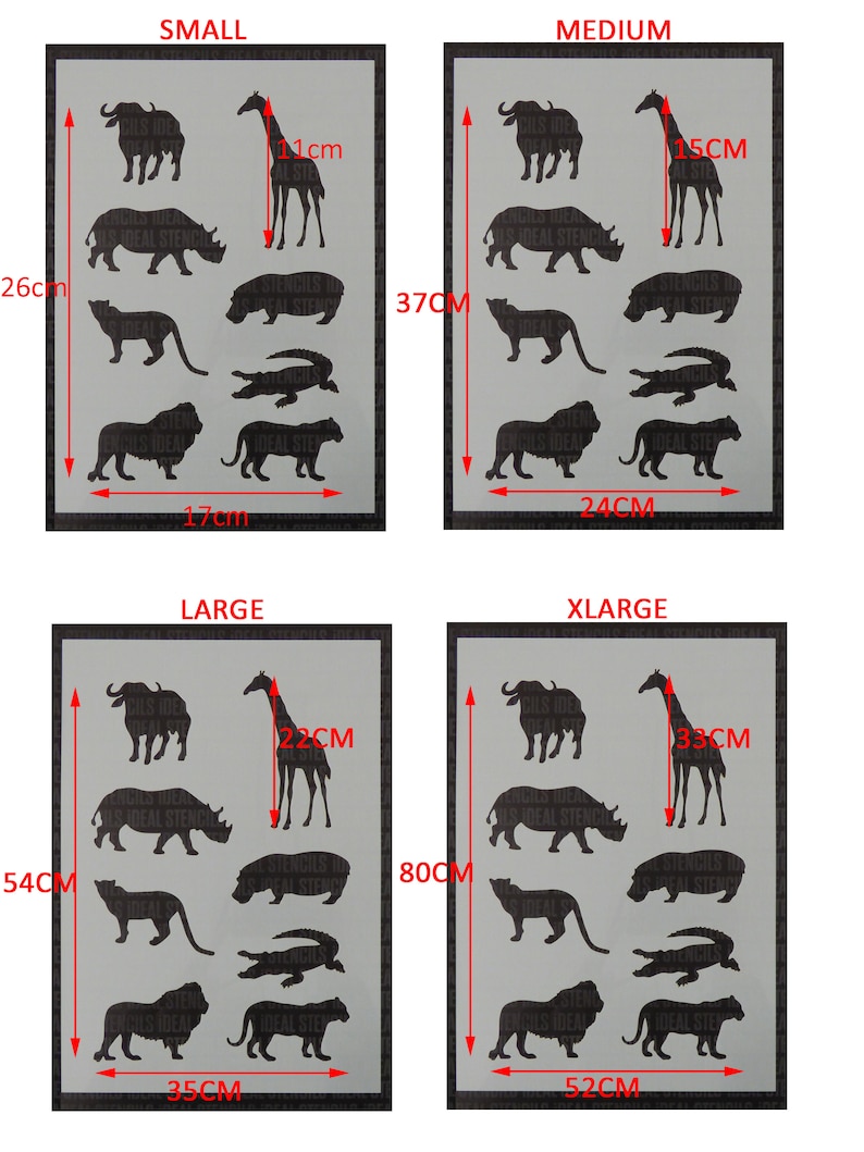 May include: Four different sizes of animal stencils, including a giraffe, rhino, hippopotamus, lion, and crocodile. The stencils are shown in black on a gray background. The sizes are labeled as small, medium, large, and extra large. The measurements are in centimeters.