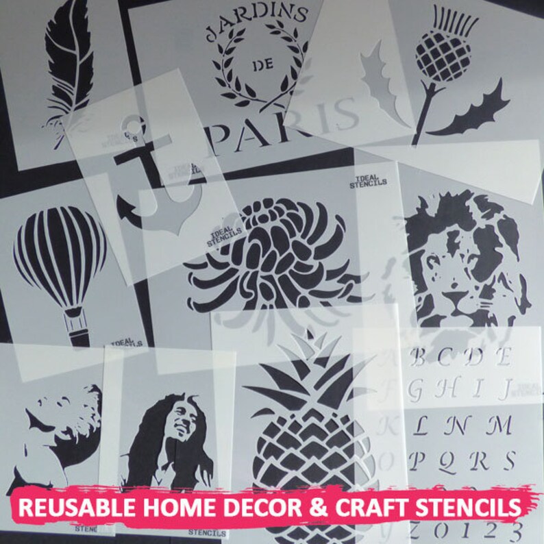 May include: A set of reusable stencils for home decor and crafts. The stencils feature a variety of designs, including a pineapple, a lion, a flower, an anchor, a hot air balloon, a feather, a thistle, and the words "Jardins de Paris".