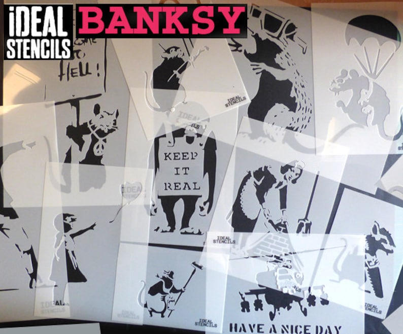 May include: A collection of stencils featuring various designs by Banksy, including a rat holding a peace sign, a rat with a heart balloon, a rat holding a paintbrush, a rat with a parachute, a rat with a sign that says "Keep it real", a rat with a sign that says "Come to Hell", a girl throwing a flower, a woman cleaning a street, and a helicopter with the words "Have a nice day".