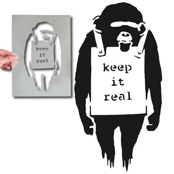 BANKSY MONKEY STENCIL 本物の猿、グラフィティスタイルの壁画