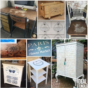 May include: A collection of furniture pieces decorated with stencils. The furniture includes a wooden desk with a world map stencil, a white dresser with a damask pattern stencil, a white side table with a wreath stencil, a white cabinet with a script stencil, a wooden crate with a French text stencil, a wooden chair with a floral stencil, and a wooden box with a compass stencil.