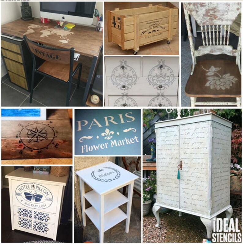 May include: A collection of furniture pieces decorated with stencils. The furniture includes a wooden desk with a world map stencil, a white dresser with a damask pattern stencil, a white side table with a wreath stencil, a white cabinet with a script stencil, a wooden crate with a French text stencil, a wooden chair with a floral stencil, and a wooden box with a compass stencil.