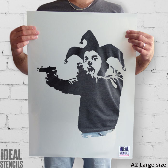 BANKSY STENCIL Insane Clown. Banksy Clown Jester Guns