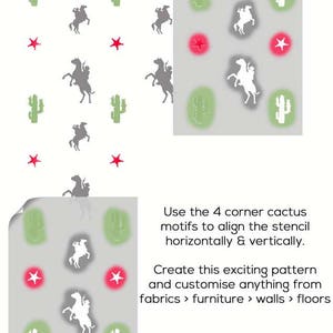 May include: A stencil sheet with a repeating pattern of cowboys on horses, cacti, and stars. Use the corner cactus motifs to align the stencil horizontally and vertically. Create this exciting pattern and customize anything from fabrics, furniture, walls, and floors.