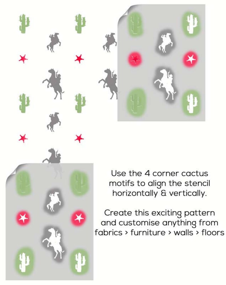 May include: A stencil sheet with a repeating pattern of cowboys on horses, cacti, and stars. Use the corner cactus motifs to align the stencil horizontally and vertically. Create this exciting pattern and customize anything from fabrics, furniture, walls, and floors.