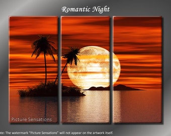 Framed Huge 3 Panel Modern Art Ocean Romantic Night Giclee Canvas Print - Ready to Hang