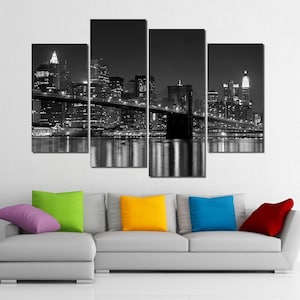 Framed Hugh 4 Panel Canvas Art New York NY Manhattan Brooklyn Bridge Giclee Canvas Print - Ready to Hang