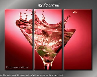 Framed Huge 3 Panel Wine Glass Cocktail Red Martini Giclee Canvas Print - Ready to Hang