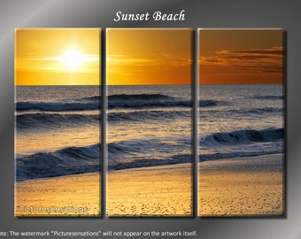 Framed Huge 3 Panel Ocean Wave Sunset Beach Giclee Canvas Print - Ready to Hang