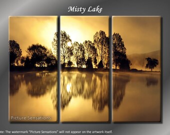 Framed Huge 3 Panel Modern Art Misty Sunset Lake Giclee Canvas Print - Ready to Hang