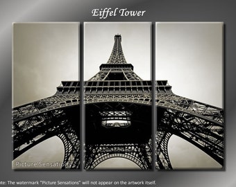 Framed Huge 3 Panel Modern France Paris Eiffel Tower Giclee Canvas Print - Ready to Hang