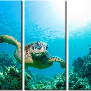 Framed Huge 3-Panel Ocean World Green Sea Turtle Canvas Art Print - Ready to Hang