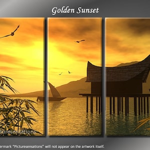 Framed Huge 3 Panel Art Ocean Cottage Golden Sunset Giclee Canvas Print - Ready to Hang