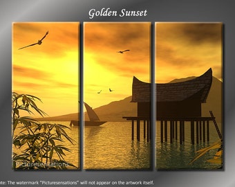 Framed Huge 3 Panel Art Ocean Cottage Golden Sunset Giclee Canvas Print - Ready to Hang