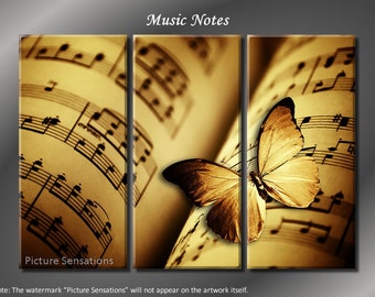 Framed Huge 3 Panel Modern Canvas Art Butterfly Music Notes Giclee Canvas Print - Ready to Hang